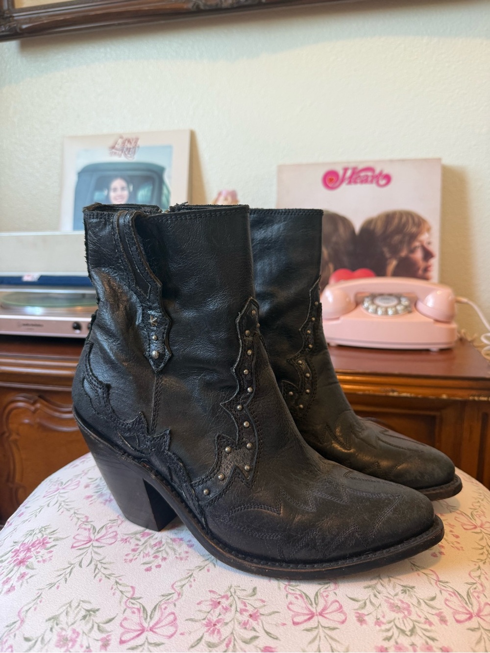 Liberty black Women's Black Leather Western Ankle Boots